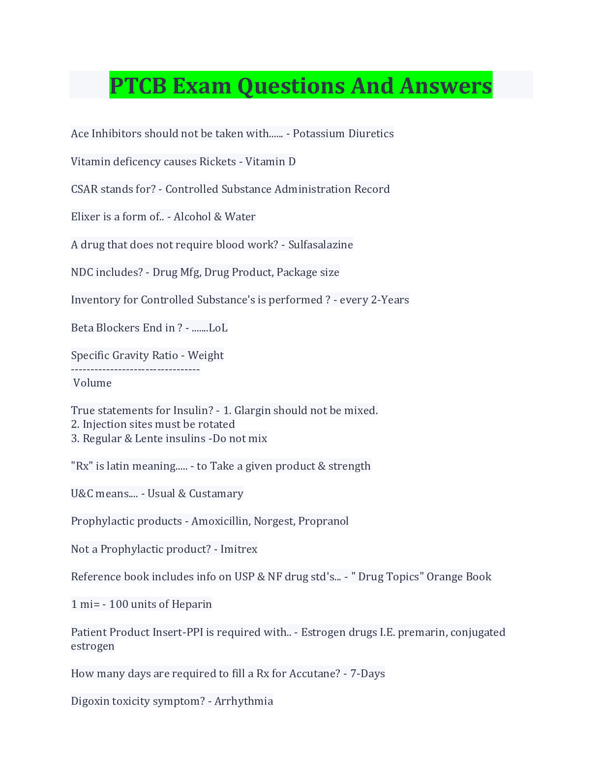 Preview image for PTCB Exam Questions And Answers Latest Update 2022 With Complete Solution Rated A.